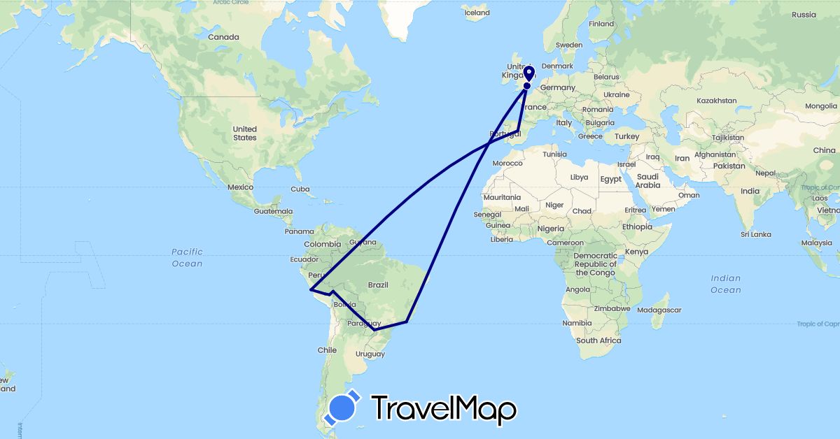TravelMap itinerary: driving in Brazil, Spain, United Kingdom, Peru (Europe, South America)